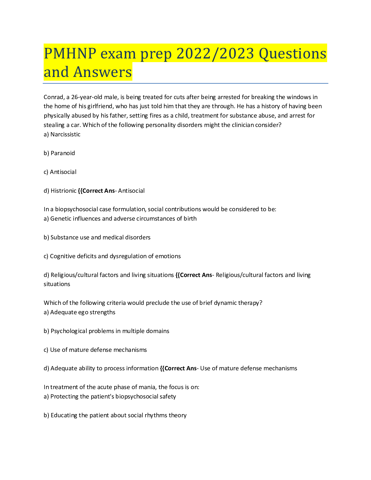 Preview of PMHNP exam prep 2022/2023 Questions and Answers